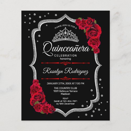 Budget Quinceanera _ Black Silver Red Invitation Flyer