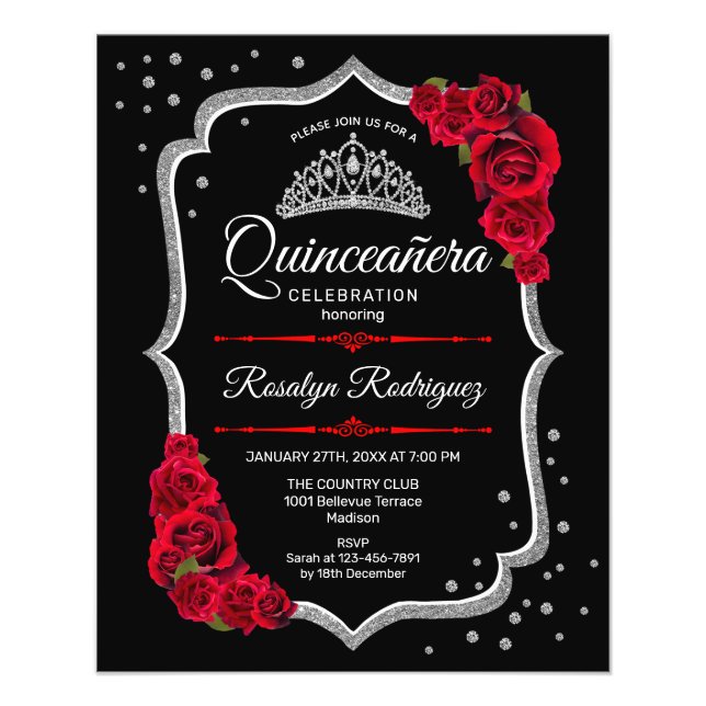 Budget Quinceanera - Black Silver Red Invitation Flyer (Front)