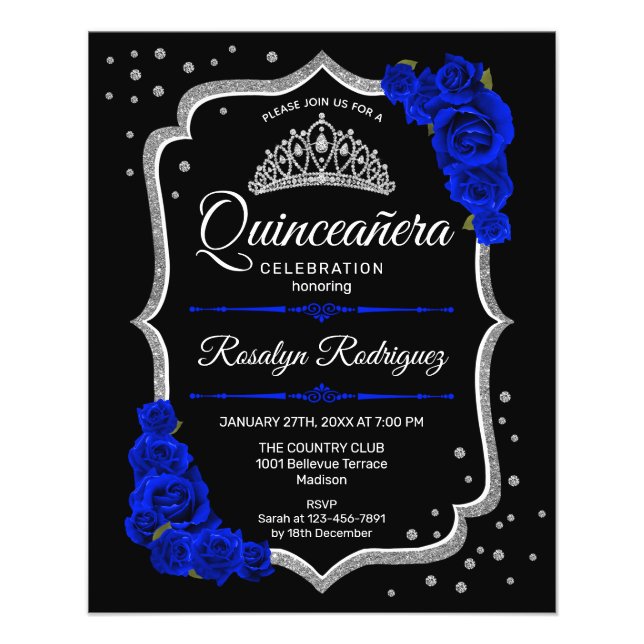 Budget Quinceanera Black Silver Royal Blue Invite Flyer (Front)