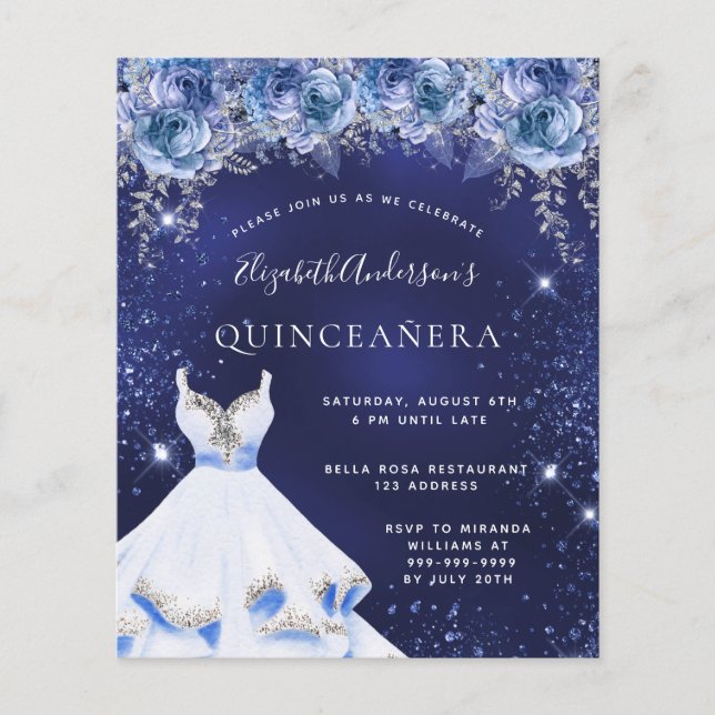 Budget Quinceanera blue glitter dress floral (Front)