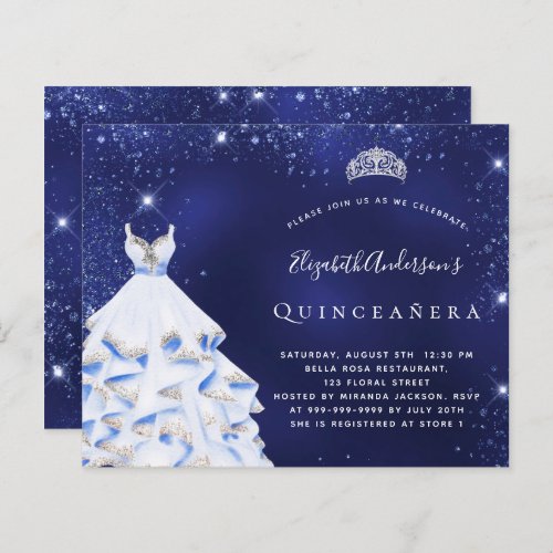 Budget Quinceanera blue silver tiara invitation