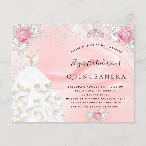 Budget Quinceanera blush pink glitter dress tiara