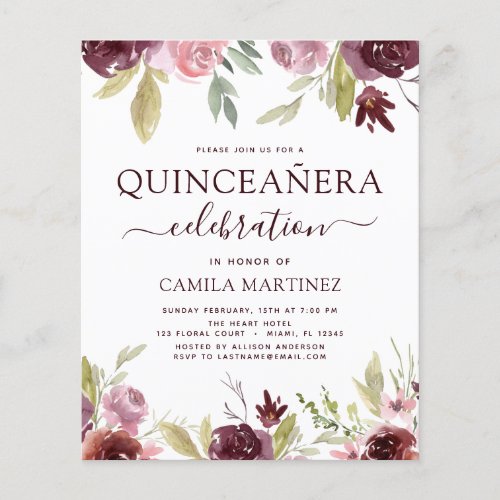 Budget Quinceanera Burgundy Blush Pink Floral Flyer