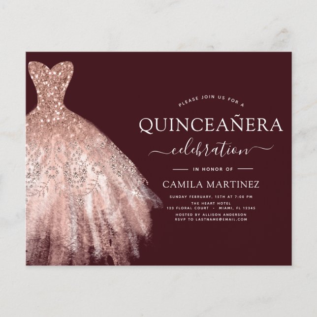 Budget Quinceanera Burgundy Blush Pink Rose Gold (Front)