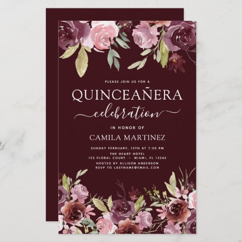 Budget Quinceanera Burgundy Pink Floral Invitation