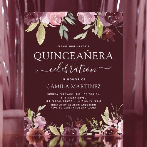 Budget Quinceanera Burgundy Pink Floral Invitation