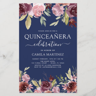 Budget Quinceanera Burgundy Pink Floral Invitation