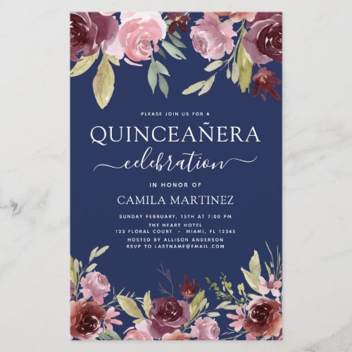 Budget Quinceanera Burgundy Pink Floral Invitation