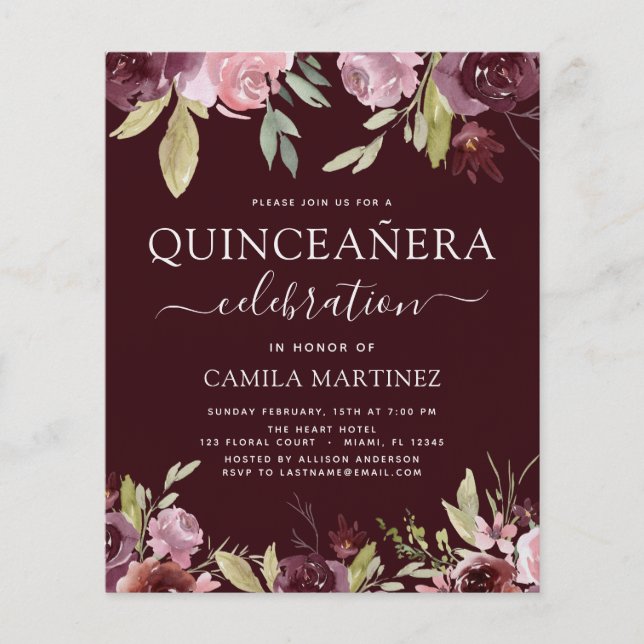 Budget Quinceanera Burgundy Pink Floral Invitation Flyer (Front)