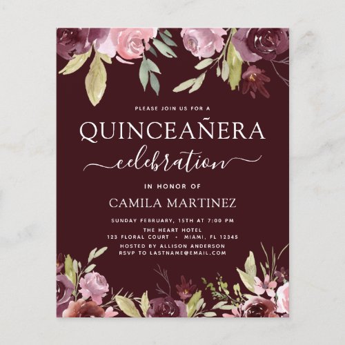 Budget Quinceanera Burgundy Pink Floral Invitation Flyer