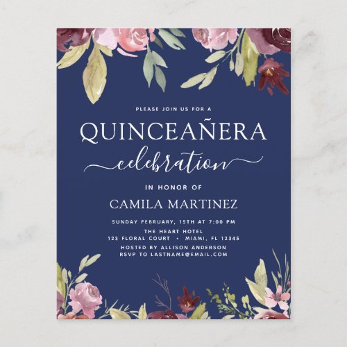 Budget Quinceanera Burgundy Pink Floral Invitation Flyer