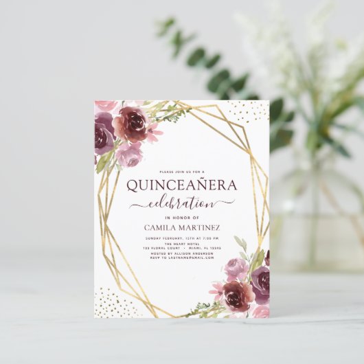 Budget Quinceanera Burgundy Pink Geometric Floral (Standing Front)