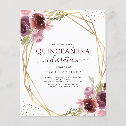 Budget Quinceanera Burgundy Pink Geometric Floral (Front)