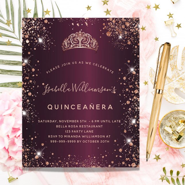 Budget Quinceanera burgundy rose gold tiara