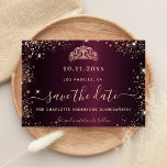 Budget Quinceanera burgundy rose gold tiara Save The Date<br><div class="desc">A girly and trendy Save the Date card for a Quinceañera,  15th birthday party. A burgundy faux metallic looking background color. Decorated with rose gold faux glitter dust and a tiara,  crown. The text: Save the Date is written with a large trendy hand lettered style script.</div>