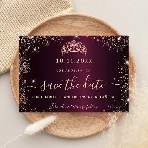 Budget Quinceanera burgundy rose gold tiara Save The Date