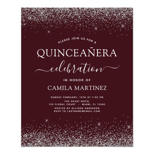 Budget Quinceanera Burgundy Silver Invitation Flyer (Front)