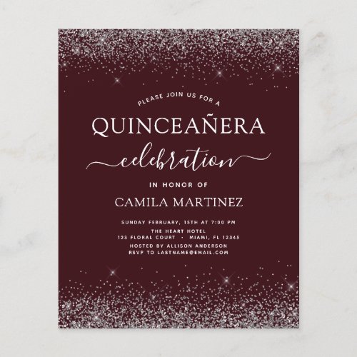 Budget Quinceanera Burgundy Silver Invitation Flyer