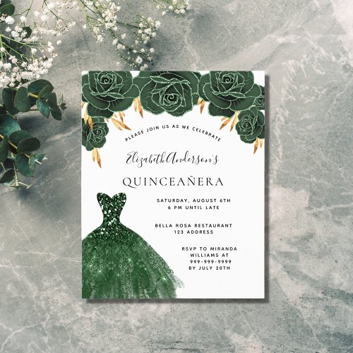 Budget Quinceanera emerald green gold dress floral