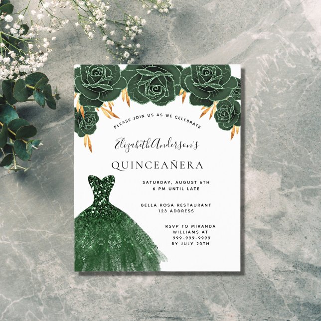 Budget Quinceanera emerald green gold dress floral (Creator Uploaded)
