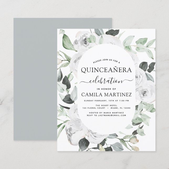 Budget Quinceañera Eucalyptus Floral Invitation (Front/Back)
