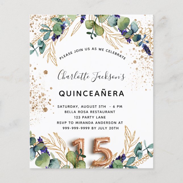 Budget quinceanera eucalyptus greenery glitter (Front)