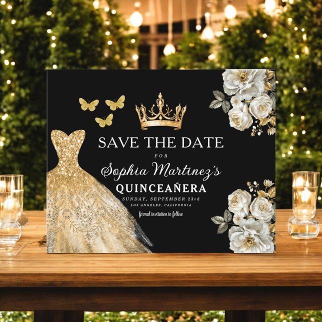 Budget Quinceanera Floral Gold Save the Date  Flyer (Creator Uploaded)