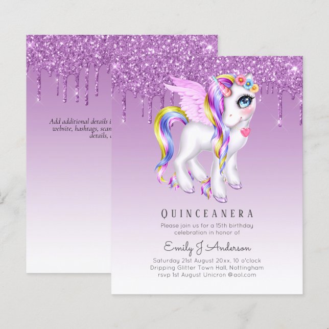 BUDGET Quinceanera Glitter Unicorn Anicorn Winged (Front/Back)
