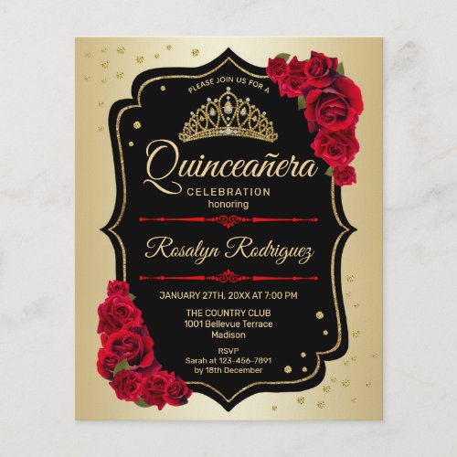 Budget Quinceanera _ Gold Black Red Invitation Flyer
