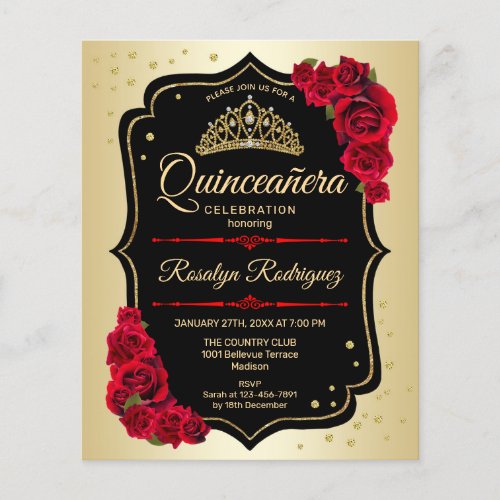 Budget Quinceanera _ Gold Black Red Invitation Flyer