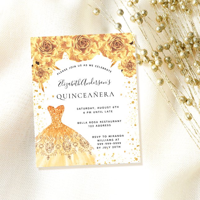 Budget Quinceanera gold dress floral invitation
