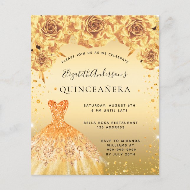 Budget Quinceanera gold dress floral invitation (Front)