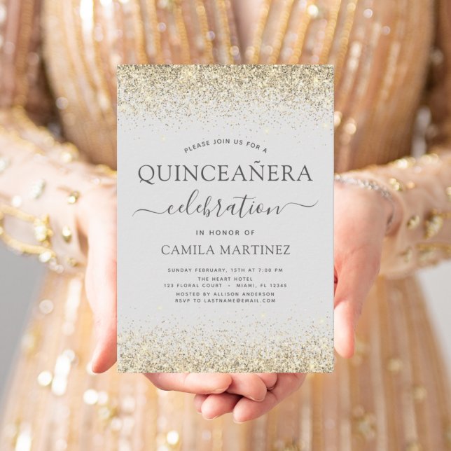 Budget Quinceanera Gold Glitter Invitations