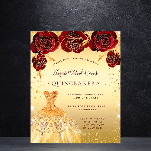 Budget Quinceanera gold red glitter dress floral