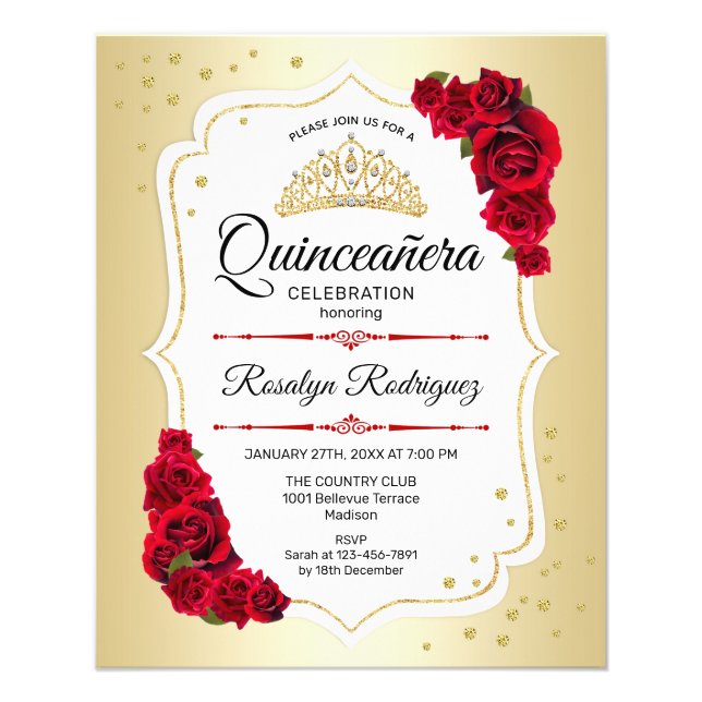 Budget Quinceanera - Gold White Red Invitation Flyer (Front)