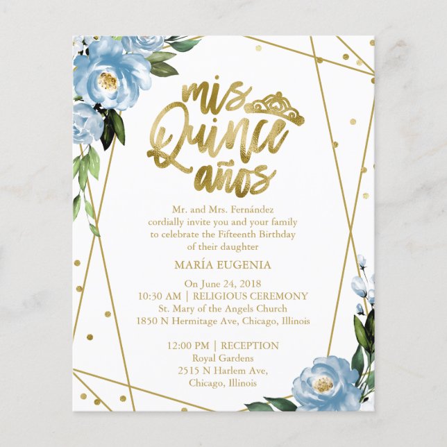 Budget Quinceanera Invitation Bilingual Blue  (Front)