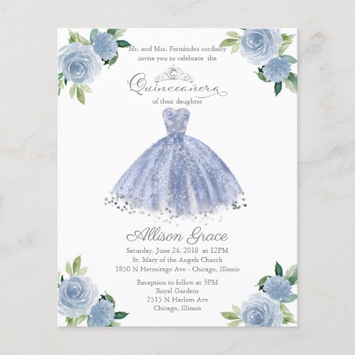 Budget Quinceanera Invitation Bilingual Blue Gown