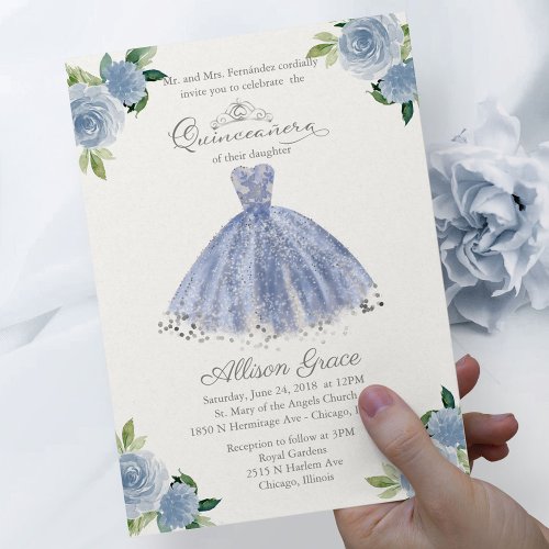 Budget Quinceanera Invitation Bilingual Blue Gown