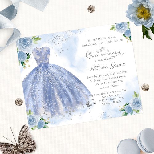 Budget Quinceanera Invitation Bilingual Blue Gown