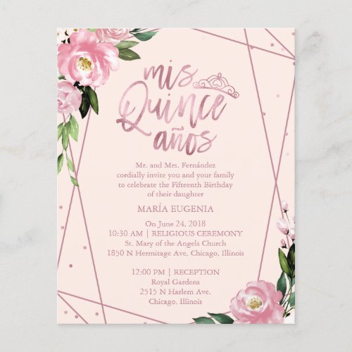 Budget Quinceanera Invitation Bilingual Blush Pink