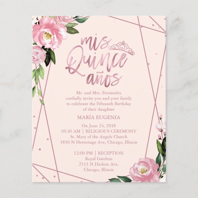 Budget Quinceanera Invitation Bilingual Blush Pink (Front)