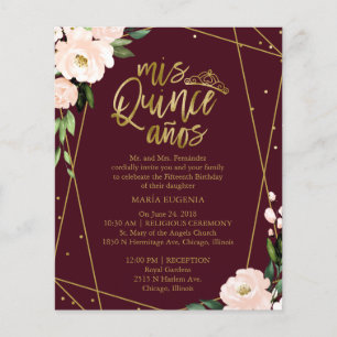Budget Quinceanera Invitation Bilingual Burgundy