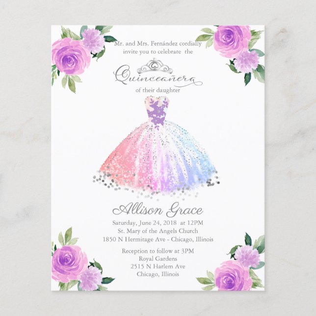 Budget Quinceanera Invitation Bilingual Colorful (Front)