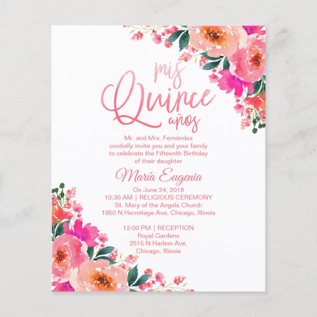 Budget Quinceanera Invitation Bilingual Floral (Front)