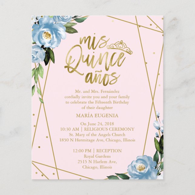 Budget Quinceanera Invitation Bilingual Pink Blue  (Front)