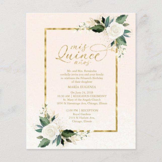 Budget Quinceanera Invitation Bilingual Pink Gold (Front)
