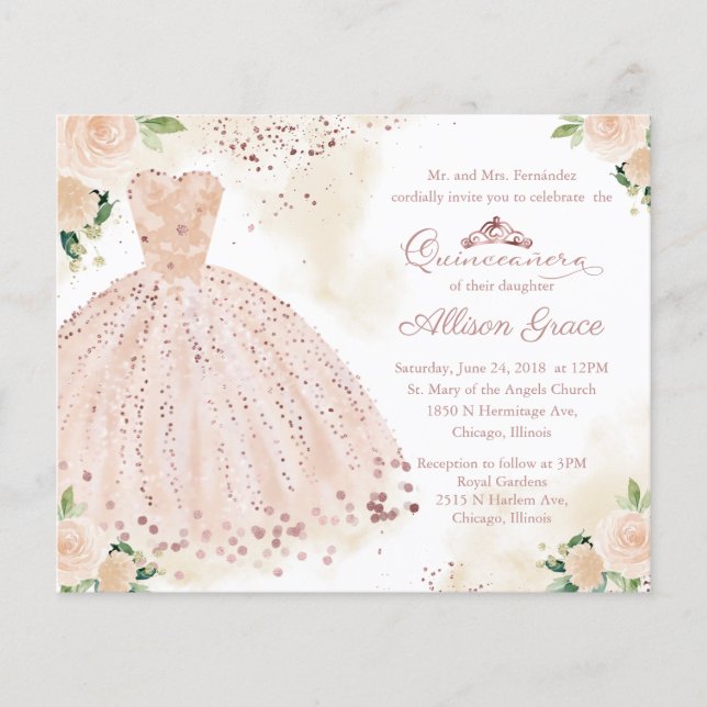 Budget Quinceanera Invitation Bilingual Pink Gown (Front)