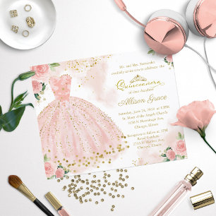 Budget Quinceanera Invitation Bilingual Pink Gown