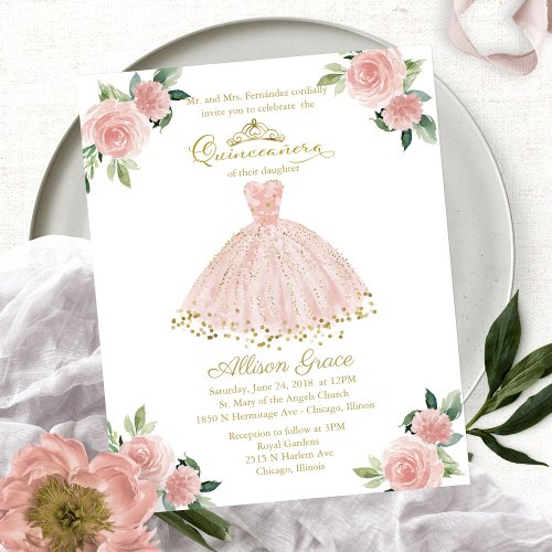 Budget Quinceanera Invitation Bilingual Pink Gown