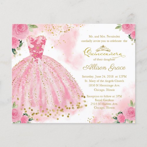 Budget Quinceanera Invitation Bilingual Pink Gown